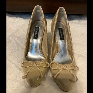 What House Black Market Tan Patten Leather Heels